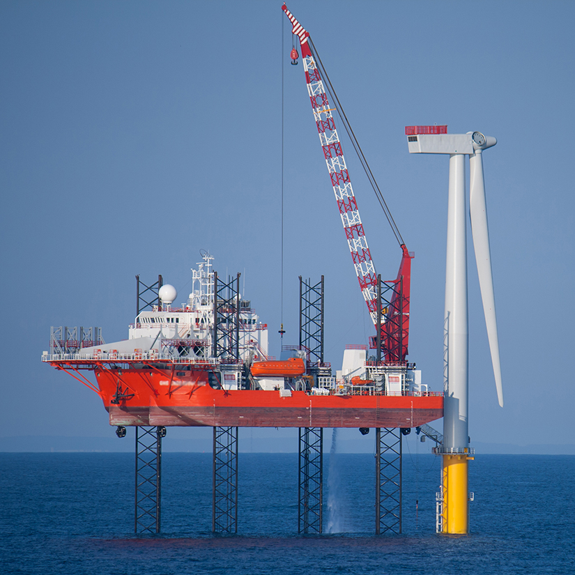 Offshore Wind Turbine in a Windfarm under construction  off the English Coast, North Sea